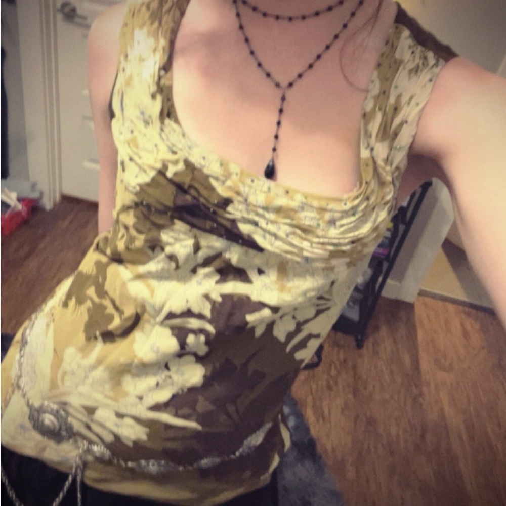 Floral Sleeveless Top - Brown and Cream/Green - Picture 2 of 3